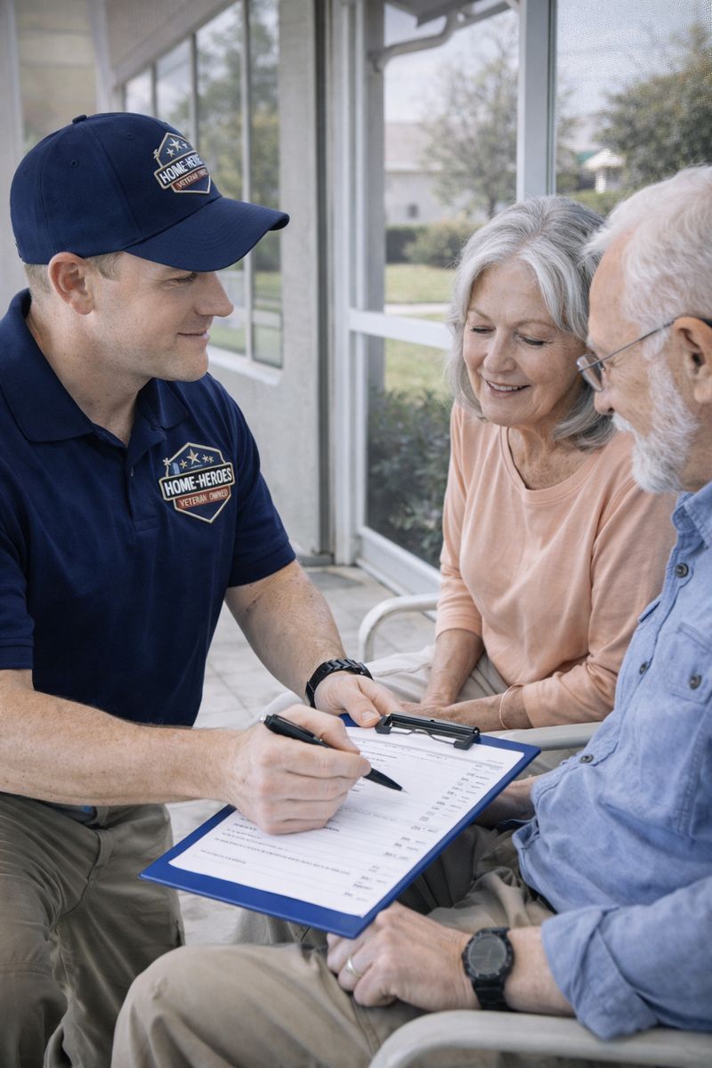 Home-Heroes SCC technician reviewing a repair checklist with a senior couple on their porch